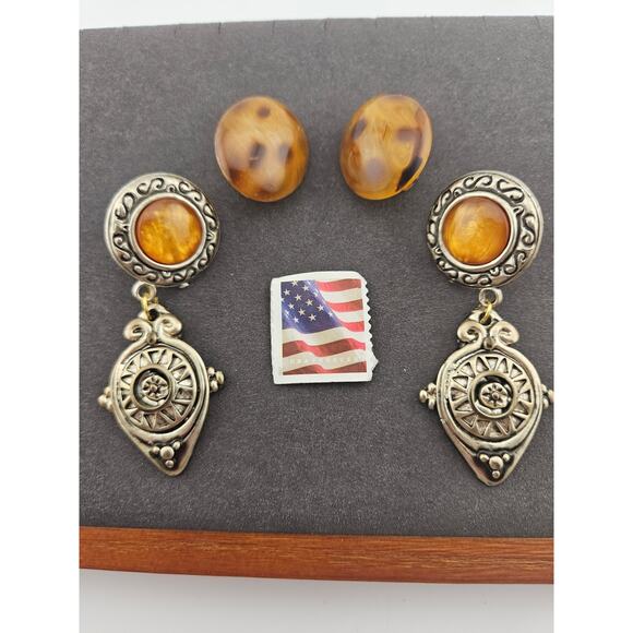 Vintage Clip On Earring Bundle Dangle Bohemian Artsy Fall Mystical Set Of 2 Pair - Picture 3 of 4